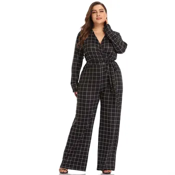 

Women's spring Autumn Clothes Long Sleeve Jumpsuit With Lace Up Plaid Casual Style V-neck Wide Leg Pant Loose Jumpsuit Plus Size