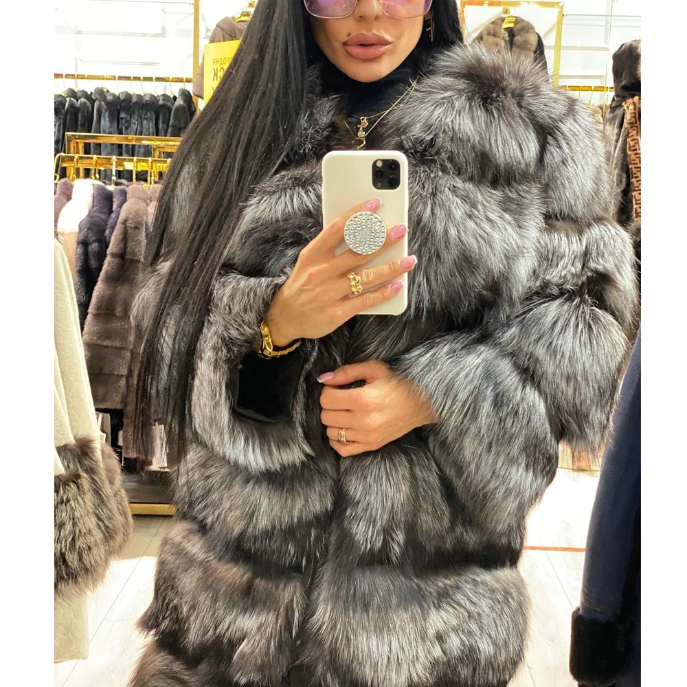Trendy Women Real Silver Fox Fur Coat Round Collar Long Length Natural Whole Skin Genuine Silver Fox Fur Coats Female Outwear
