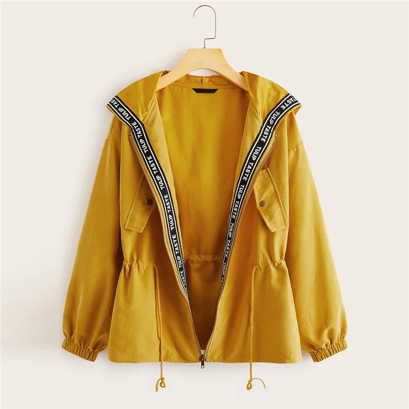 Dotfashion, повседневная женская куртка с капюшоном и завязками на талии, осень, с буквенным принтом, Лоскутная Верхняя одежда, женские куртки на молнии