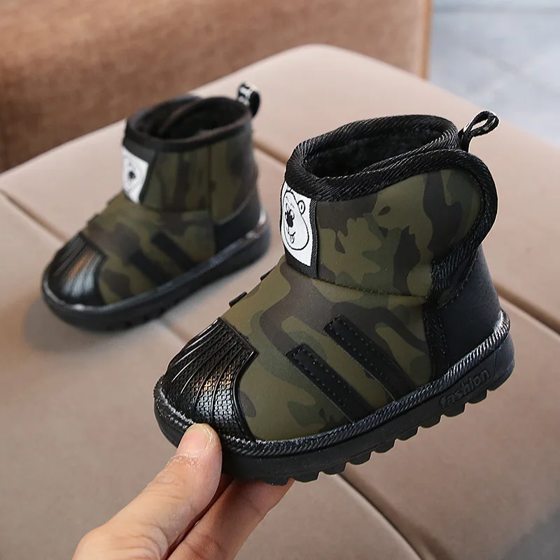 Зимние ботинки для маленьких мальчиков теплая камуфляжная обувь до щиколотки из искусственной кожи на липучке Размеры 21-25, толстая обувь на мягкой подошве, TX002