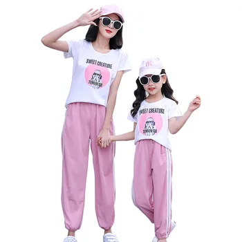 

Summer Family outfits clothing Summer mother daughter Woman Girl cotton T shirts & trousers 2pcs/sets family clothes Sport