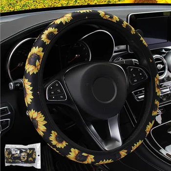 

Car Steering Wheel Cover Knitted Fabric Sunflower Floral Print Steering Covers Auto Non Slip Stretchy Neoprene Car Styling
