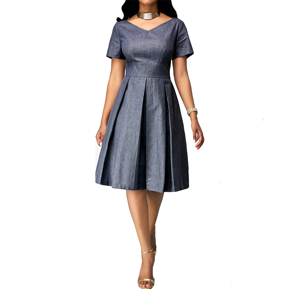 

Sexy V-neck A-Line Dresses Women Summer Casual Plus Size Vintage Short Sleeve Elegant Slim Solid Office Party Dress Vestidos