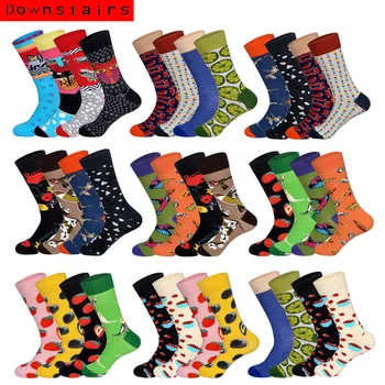 

Downstairs 4Pairs/Lot Colored Men Sock Funny Patterns Tube 9 Selects Novelty Breathable Hip Hop Calzini Uomo Happy Socks