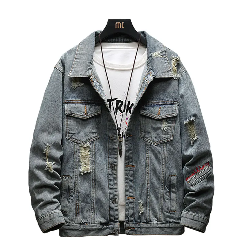 

Men Jacket 2020 New Spring and Autumn Fashion Trend Hole Embroidery Loose Denim Mens Jackets and Coats