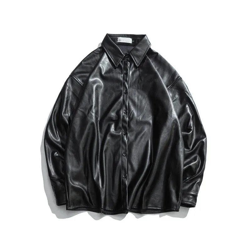 

KIOVNO Men Fashion Leather Shirts Turn Down Collar Oversized Leather Outwear Coats For Couples Black