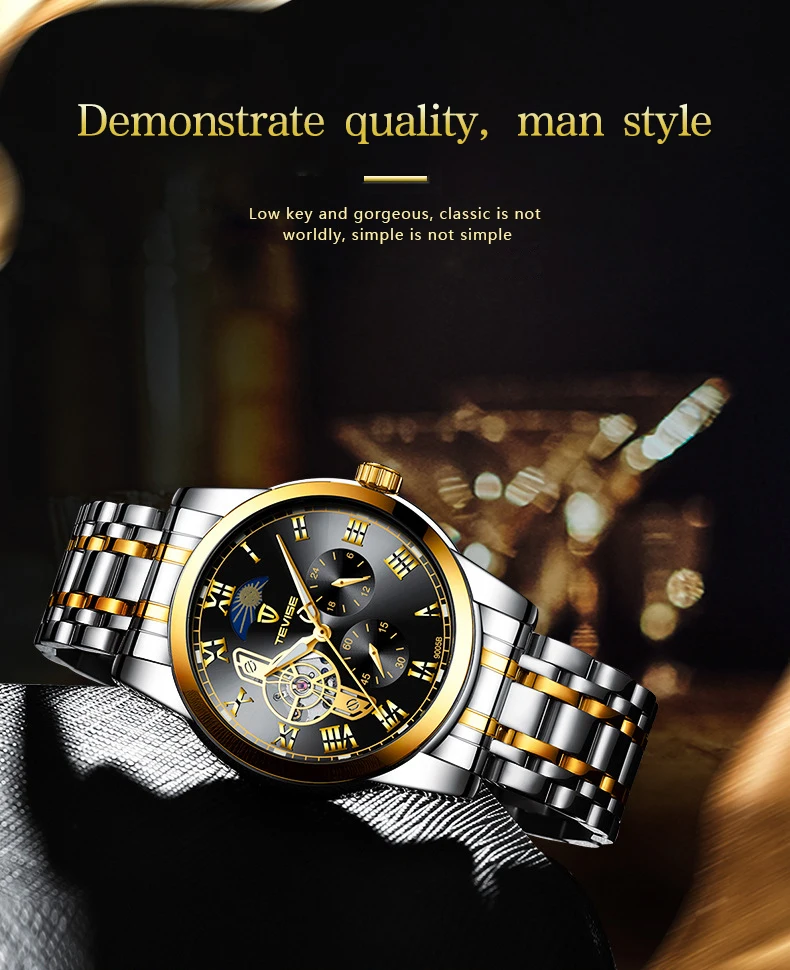 2020 New Arrival TEVISE Men watch Stainless steel Automatic Mechanical Watch Moon phase Tourbillon Skeleton Male Wristwatch