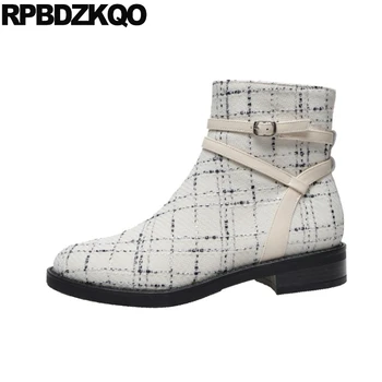 

beige autumn low heel boots fur booties plaid designer shoes women luxury 2019 winter chunky fashion ankle round toe block fall