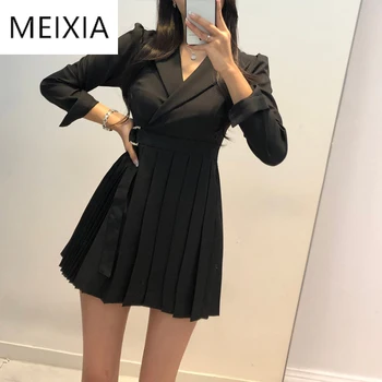 

MEIXIA 2020 Spring Women Dress Casual Turn-down Collar Solid 2 Color A-line Belt Pleated Mini Fashion Office Lady Suit Dress