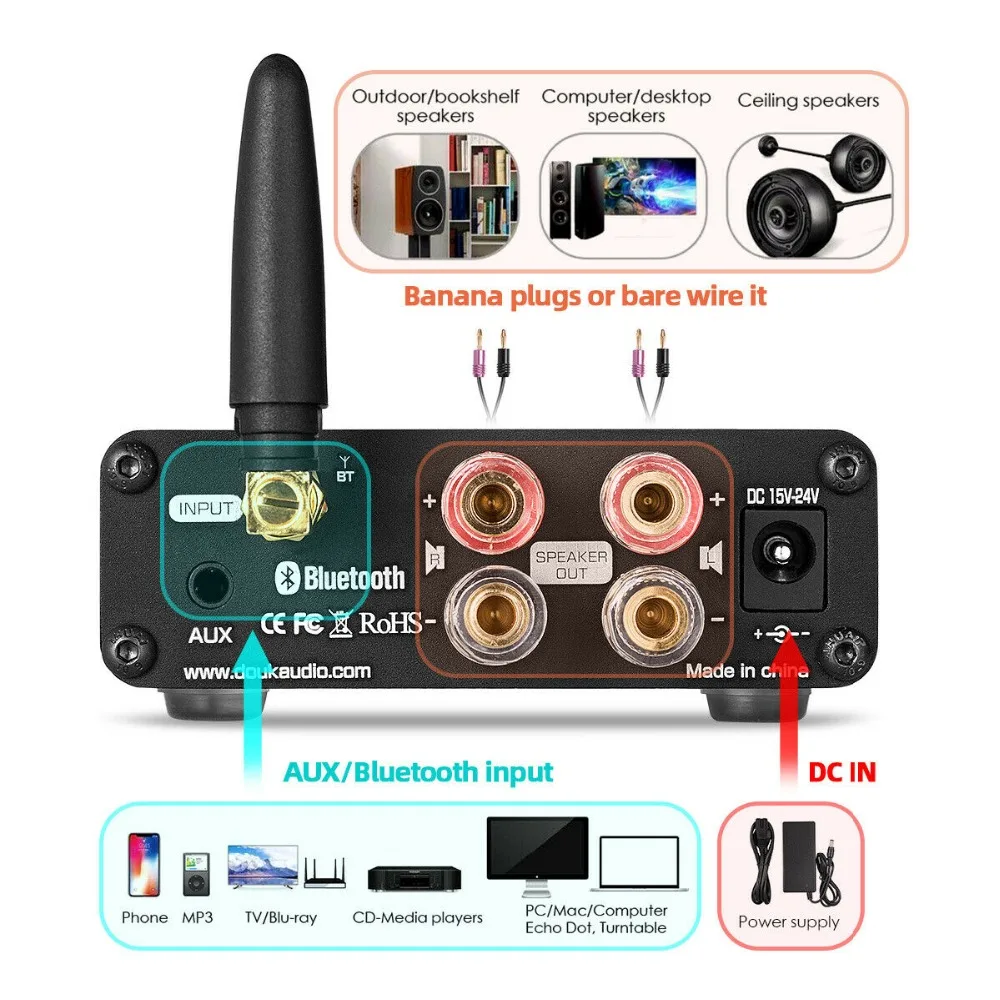 Douk аудио мини Bluetooth 5,0 100 Вт усилитель мощности HiFi Класс D стерео цифровой усилитель для Акустическая система ВЧ управление басами