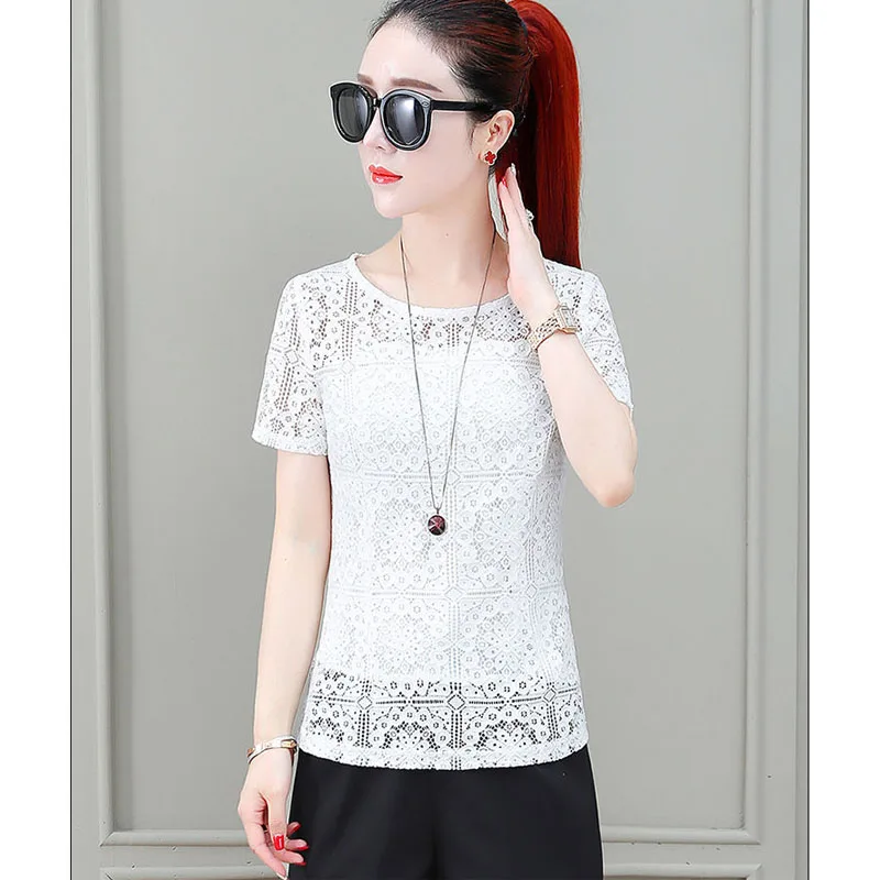 

Women Spring Summer Style Lace Blouses Shirts Lady Casual O-Neck Short Sleeve Lace Blusas Tops DD8023