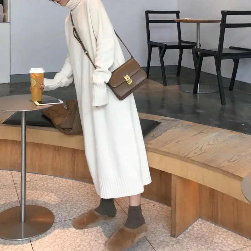 

Women autumn Winter Long Sweater Dress Female Long Sleeve Straight Knitted Loose Robe Femme sukienki jurken