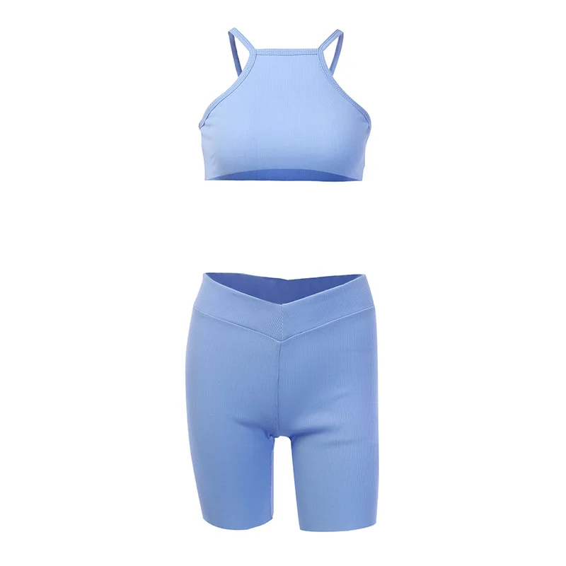 

2019 Sexy Skinny Short Two Piece Set Crop Tops and Biker Shorts Multicolor Bodycon Matching Sets Summer Clothes for Women group