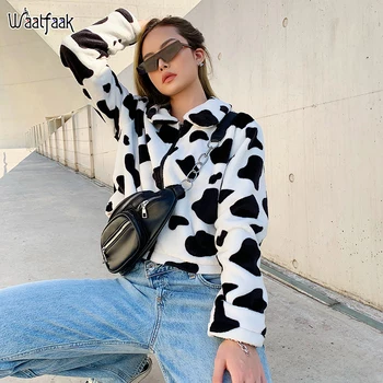 

Waatfaak Animal Print Black White Faux Fur Coat Women Autumn Winter Ladies Fluffy Jacket Zipper Turn-down Fake Fur Coat Furry