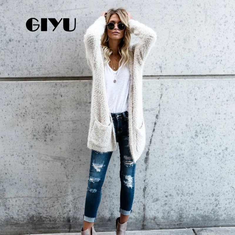 

GIYU Solid Long Sleeve Midi Cardigans Autumn Basic Sweater with Pockets Knit Jumpers Loose Drop Shoulder sueter mujer invierno