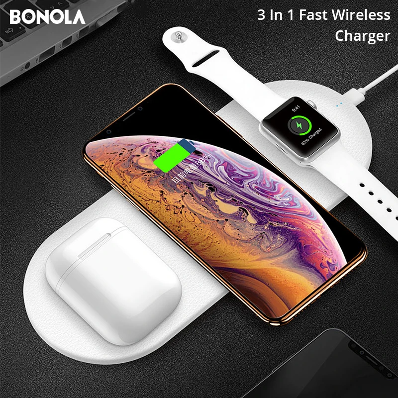 

Bonola 3 in1 Fast Wireless Charger Pad For iPhone Xs/XsMax/8/8plus/Xr Wireless Charging Station For Apple Watch/Airpods Charger