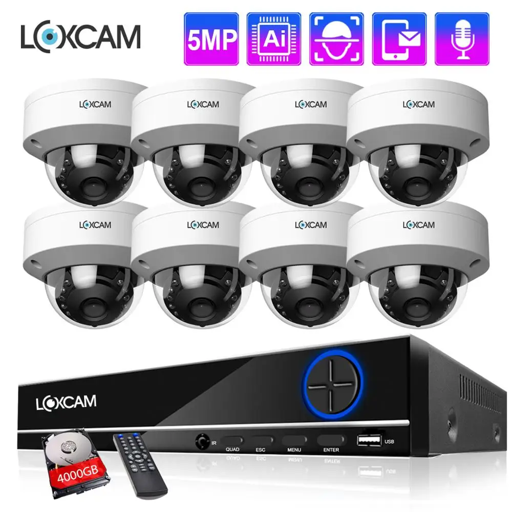 LOXCAM H.265 + 8 канальная POE Система видеонаблюдения 5 Мп ИИ комплект для обнаружения