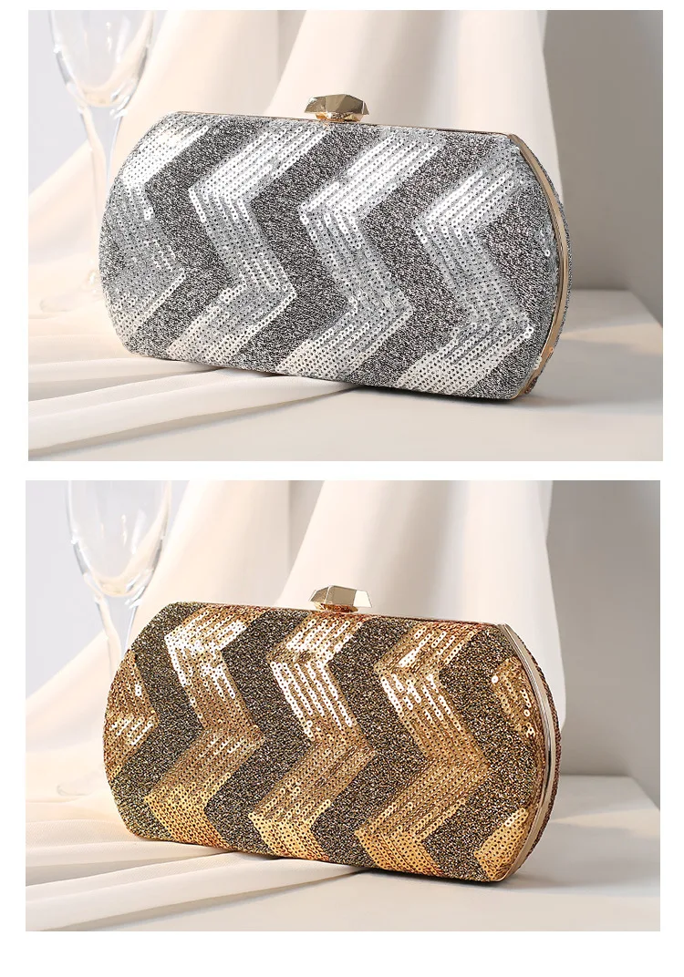 Luxy Moon Silver, Gold Color Sequin Stripe Clutch Bag Front View