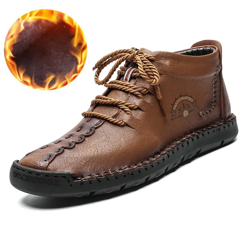 

2019 New Fashion Men Boots High Quality Split Leather Ankle Snow Boots Shoes Warm Fur Plush Winter Shoes Male Plus Size 38-48