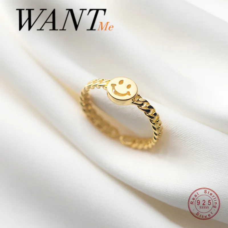 WANTME Fashion Genuine 925 Sterling Silver Link Chain Smile Adjustable Finger Ring for Women Punk Hip Hop Jewelry Gift 2021 | Украшения и