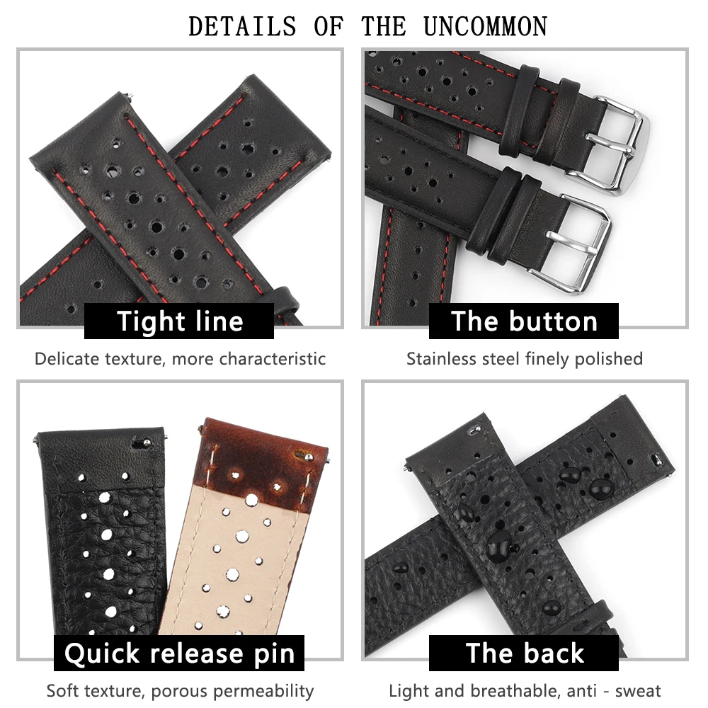 Genuine Leather Watch Strap 18mm 19mm 20mm 22mm 24mm Breathable Porous Wristband Watch Bracelet Handmade Stitching Watchbands