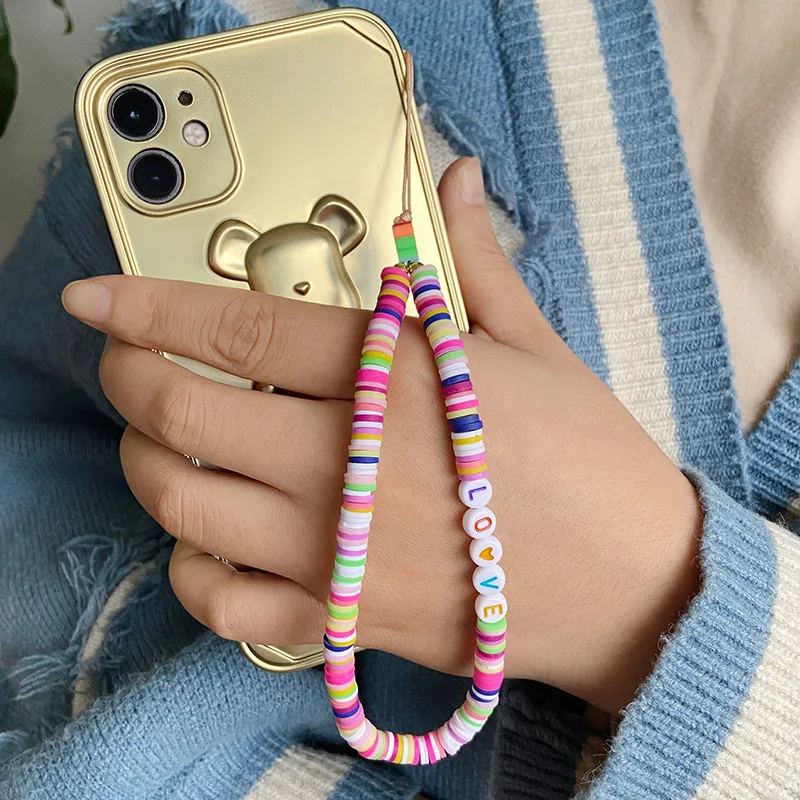 New Multicolor Mobile Phone Chain Handmade Strap Lanyard Beads Smile LOVE Letter Charm Anti-lost Cellphone Case Rope For Women 