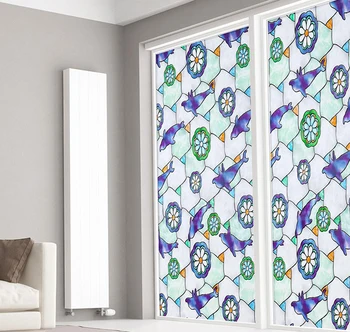 

40-90x200cm Static Cling Privacy Stained Oil Painting Dolphin Home Decoration Child Room Glass Block Sun Shade Security Film