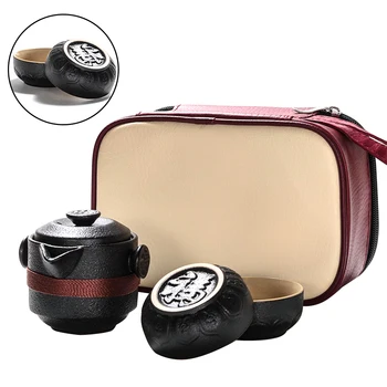 

Ceramic Portable One Pot Two Cups With Bag Home Tea Set Black Pottery Anti Slip Coffee Container Office Outdoors Heat Insulation