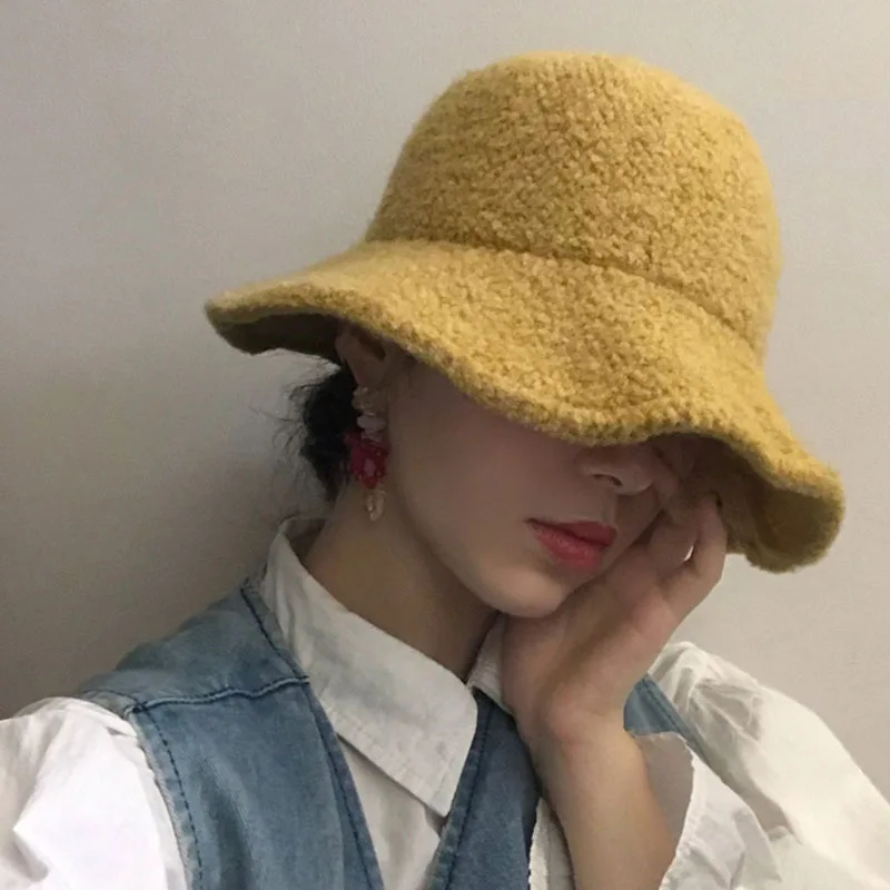 

Korean-style Lamb Curly round Face Suitable of Hat Face Covering Bucket Hat Women's Autumn And Winter Versatile Japanese-style W