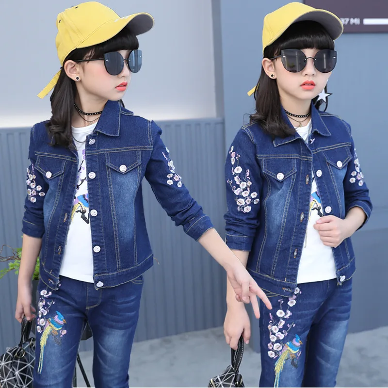 

Korean-style Childrenswear 2019 Spring And Autumn New Style Children Casual Sports Peacock Embroidery Denim Suit Kids 9 Fashion