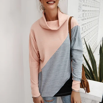 

Vicabo Color Patchwork Pattern Beveled Stitching Pullovers Women Autumn Casual Sweatshirt Turtleneck Long Sleeve Sweatshirts