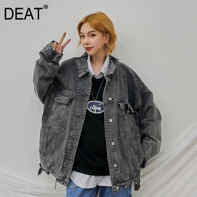 

[DEAT] Loose Fit Spliced Vintage Big Size Denim Jacket New Lapel Long Sleeve Women Coat Fashion Tide Autumn Winter 2019 13D896