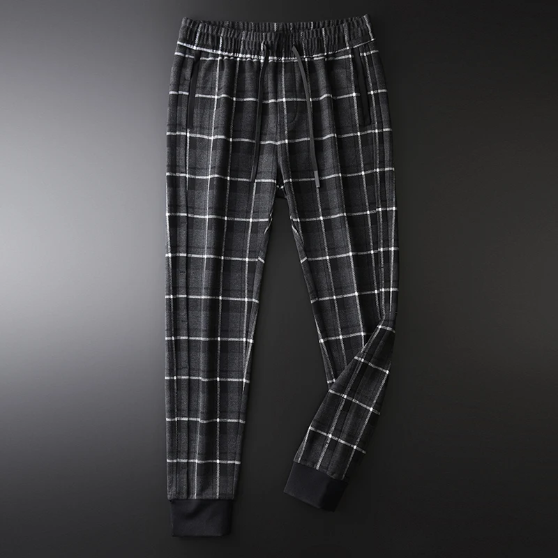 Thick Mens Pants Luxury Soft Yarn Dyed Fabric Plaid Male Pants Plus Size 4xl Elastic Waist Slim Fit Male Trousers