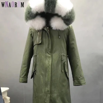 

winter jacket female leather coat 100% rex rabbit liner natural real fox fur collar loose long coat fur coat detachable