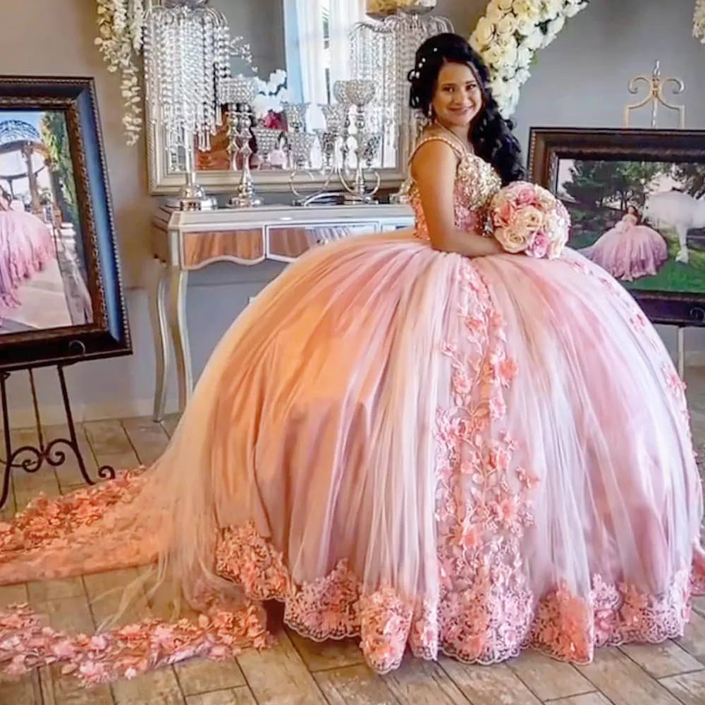 

Quinceanera Dresses Plus Size Ball Gown Masquerade Princess Girl Beads Flowers Long Sweet 16 Prom Dresses for 15 Years