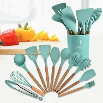 

VIP Wonderlife Silicone Cooking Utensils Set Non-stick Spatula Shovel Wooden Handle Cooking Tools Set With Storage