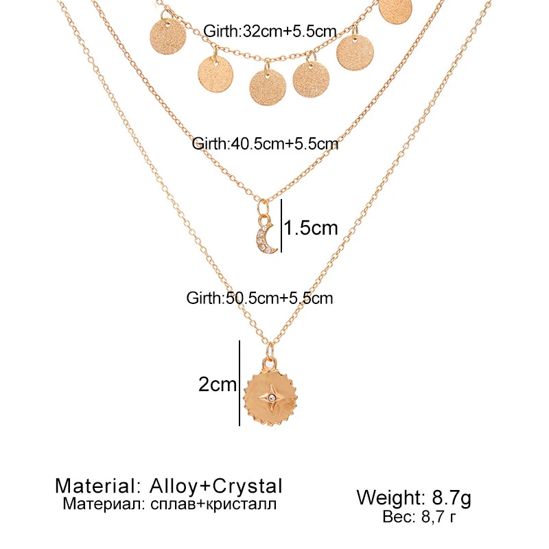 Bohemian Moon Sun CZ Pendant Necklace For Women Gold Multi Layer Pendant Sweater Chain Fashion Ladies Party Jewelry