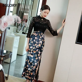 

Sexy long Party Bodycon Dress 2019 Autumn Style Women Vintage Floral Print Black Lace Patchwork 3/4 Sleeve Ankle Dress Long Club
