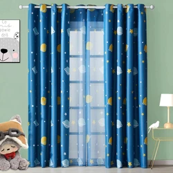 Blue Printed Blackout Curtains For Kids Room Home Decor Plant Planet Sheer Curtains For Living Room Bedroom Window Drapes Tulle