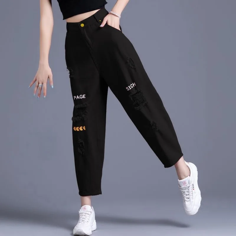 Mom Jeans Denim Crop Ankle Length White Black High Waisted Ripped For Women Vintage Ladies Boyfriend Baggy Loose Pants | Женская одежда