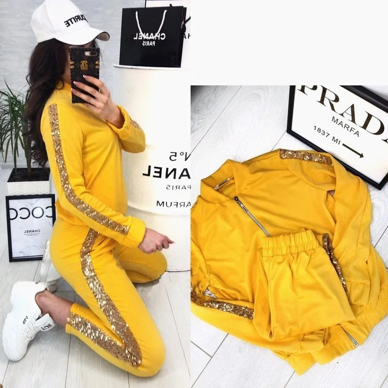 

Sequined Tracksuit for Women Two Piece Set Autumn 2019 Zipper Long Sleeve Jacket Patchwork Sports Streetwear Women's Tracksuits