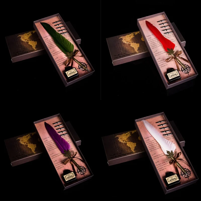 

Retro Feather Dip Pen Writing Ink Fountain Pen With 5 Nib Wedding Quill Pen Noble and luxurious Fountain Pen Gift Box Set