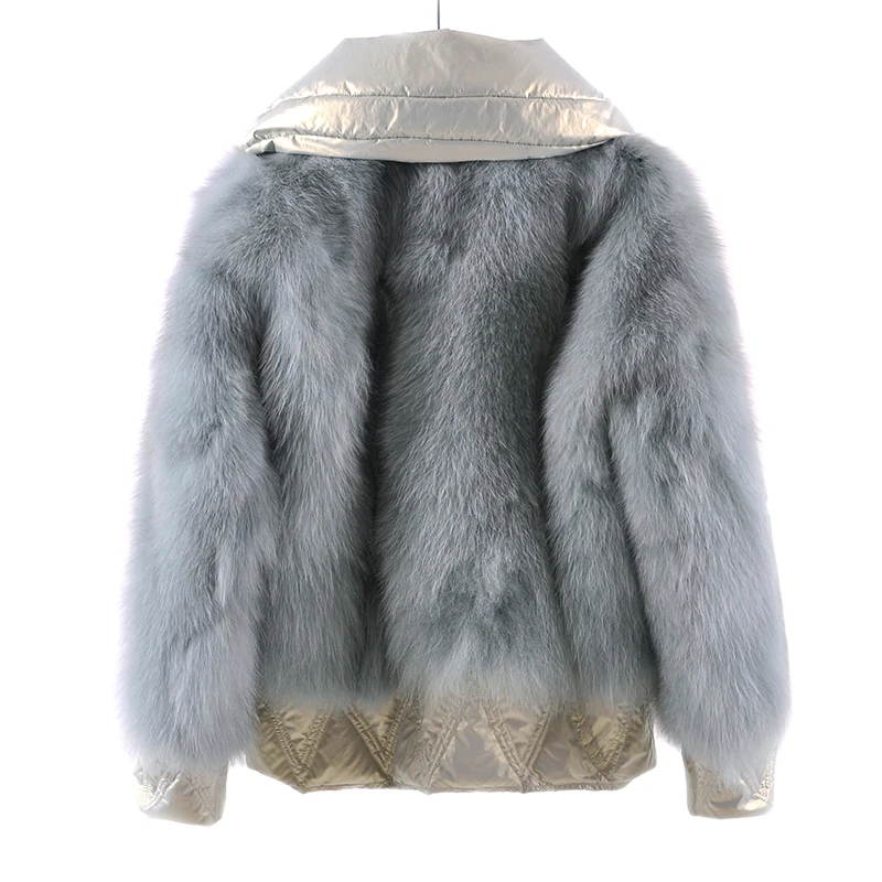 Длинное пальто из лисьего меха с утиным пухом, с отложным воротником, с длинным рукавом, теплое зимнее пальто с мехом