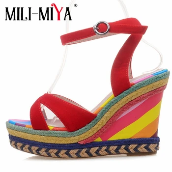 

MILI-MIYA Big Size Women Sandals Wedges Shoes For Women Fashion Rainbow Stripe High Heels Peep Toe Ankle Strap Platform Sandals