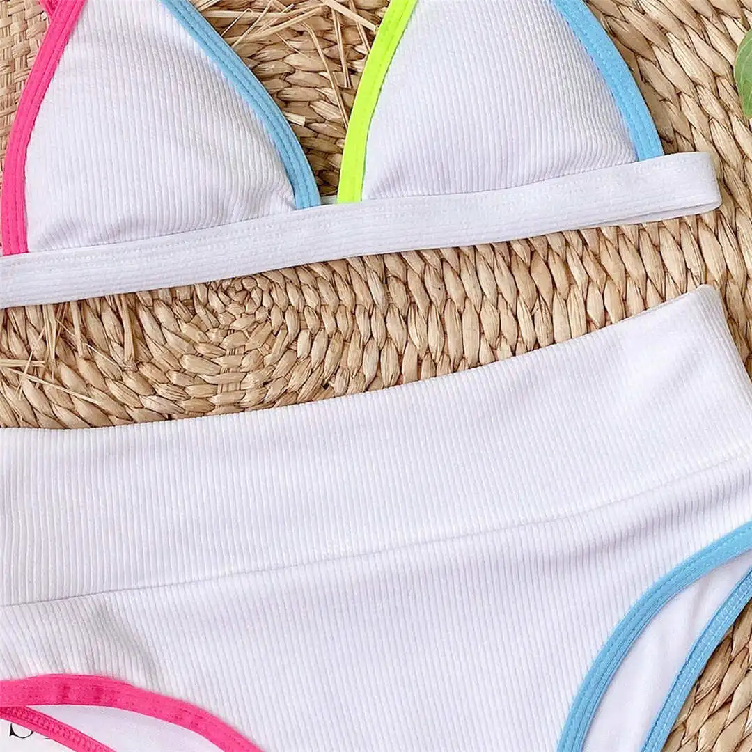 4 Colors Ribbed High Waist Bikini Female Swimsuit Women Swimwear Two-pieces Bikini set Print Bather Bathing Suit Swim Lady V2443