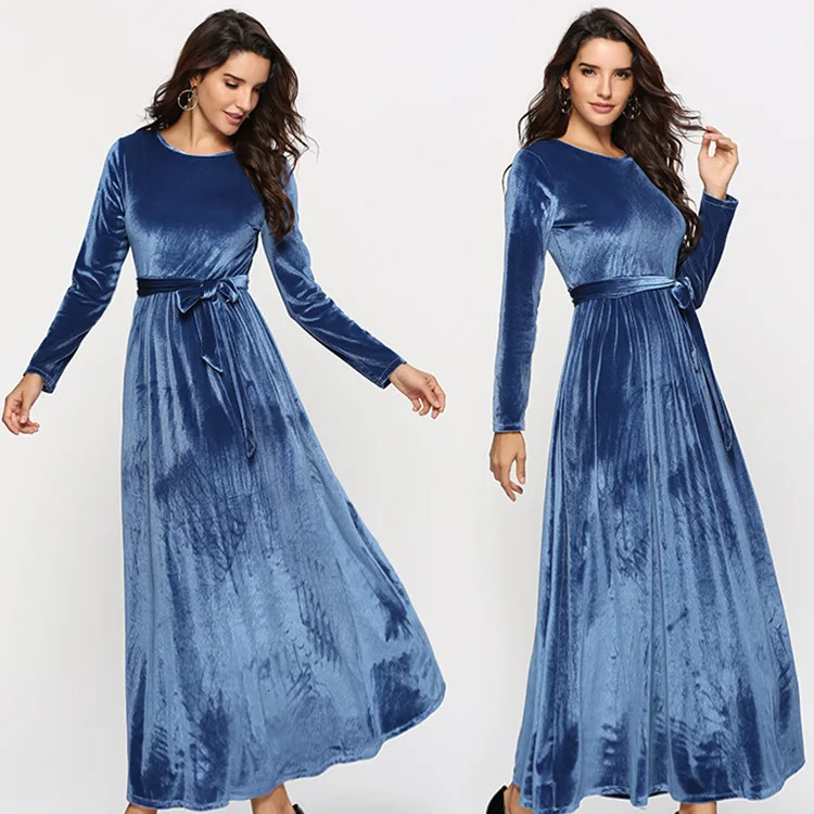 BacklakeGirls синее вечернее платье длинное однотонное с круглым вырезом и высокой талией осенне-зимнее женское платье с поясом Bestidos De Fiesta