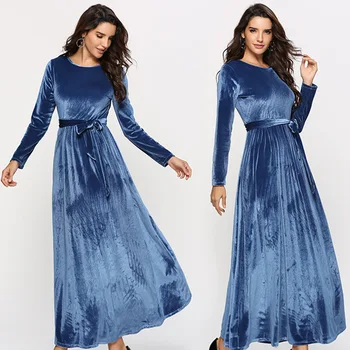 

BacklakeGirls Blue Evening Dress Long Solid Color Round Neck High Waist Autumn Winter Women Dress With Sash Bestidos De Fiesta