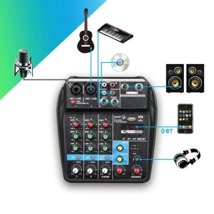 Микшерный пульт записи 48 В Phantom power Monitor AUX Paths Plus Effects 4 канала аудио микшер с USB для DJ Караоке MVI