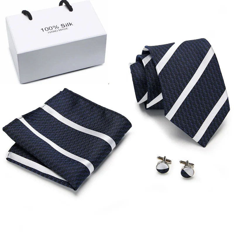 

Men Striepd Ties Blue Silk Checked Tie Set Pocket Square Cufflinks Business Wedding Tie Gift for Father Formal Wholesale