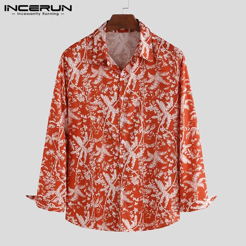 INCERUN Fashion Tree Printed Tops Men Long Sleeve Casual Lapel Shirt Vacation Beach Tropical Hawaiian Street Button Mens Blouse